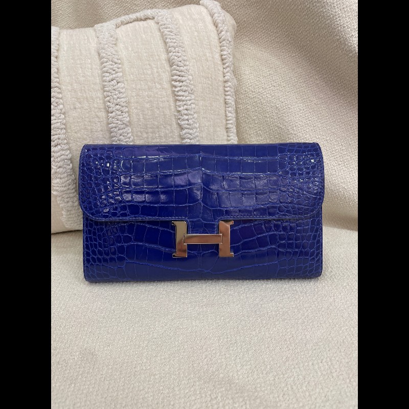 Hermes 康康 鱷魚 長款錢包 7T電光藍 銀扣-0