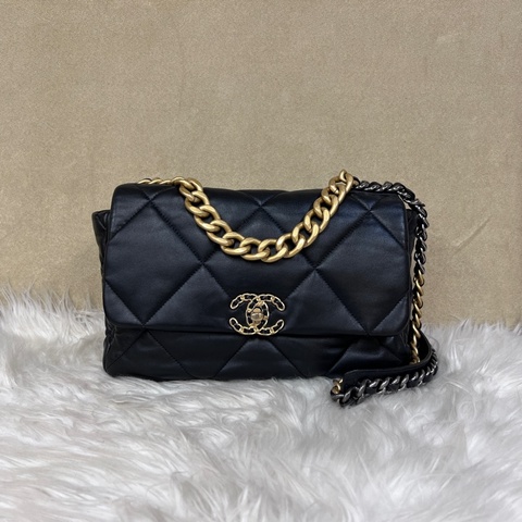 Chanel 黑羊皮大菱格紋19大型霧金釦三色鏈下蓋手提斜背包