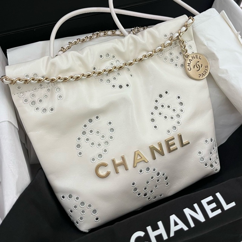 香奈兒CHANEL 25P 22bag mini鏤空白色金標迷你垃圾袋 單肩包 全新未使用 25年-1