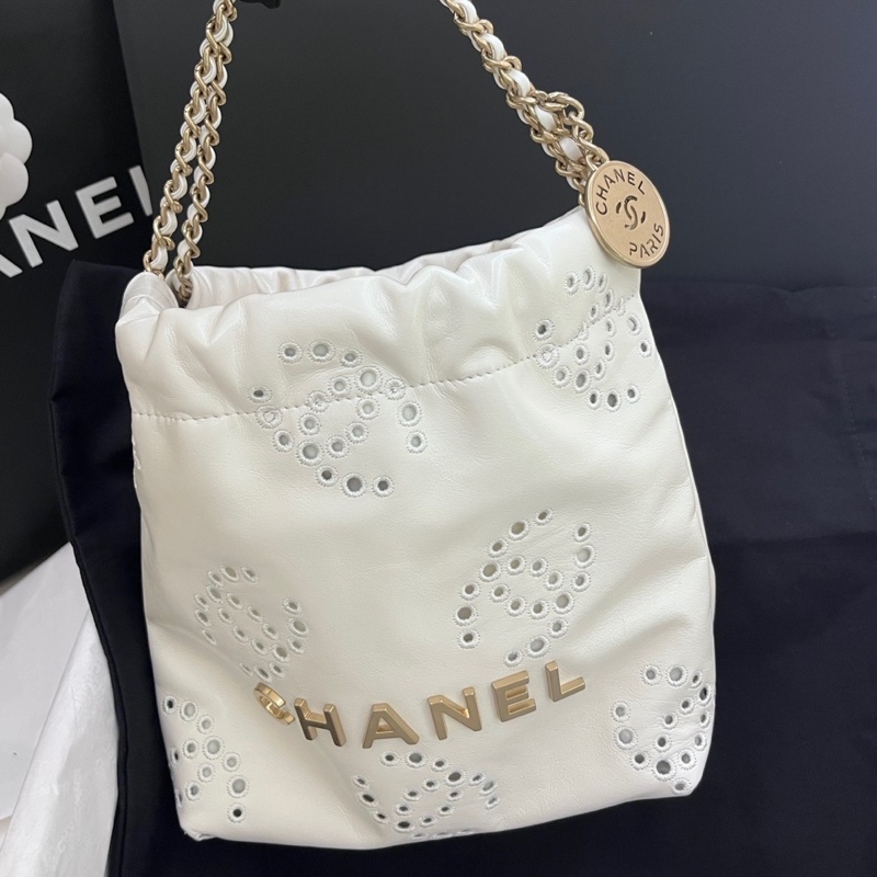 香奈兒CHANEL 25P 22bag mini鏤空白色金標迷你垃圾袋 單肩包 全新未使用 25年-2