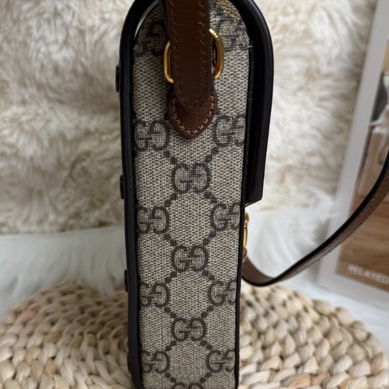 GUCCI 1955 Horsebit 手機包 烏木色拼棕色 老花 塗層帆布拼牛皮 mini-3