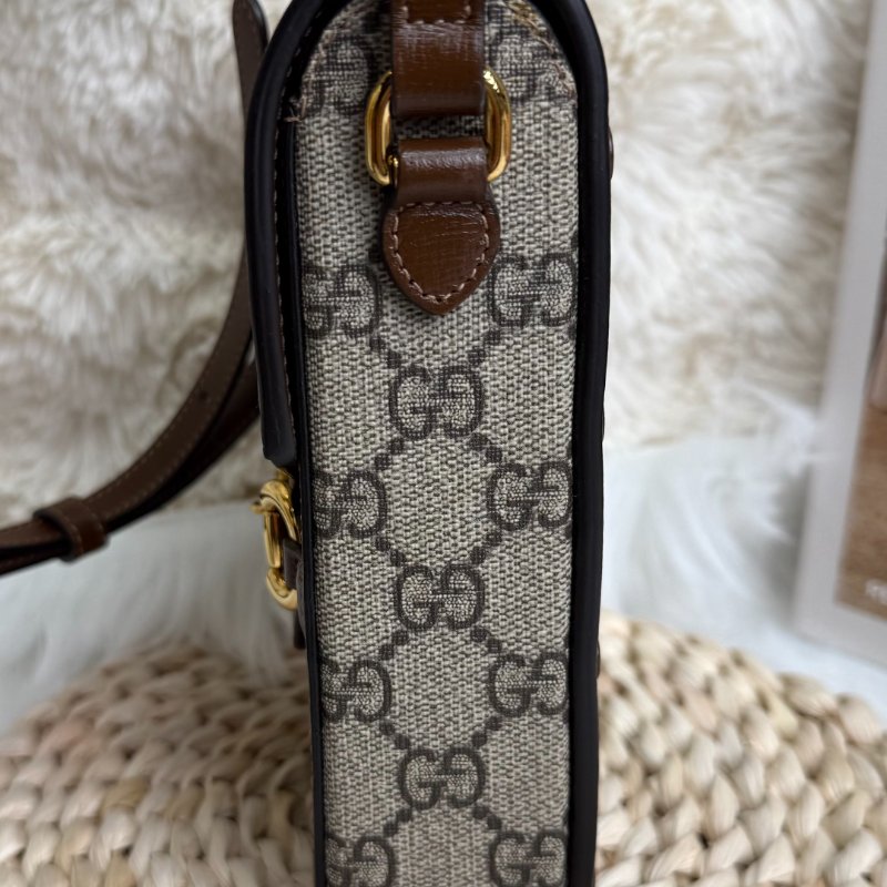 GUCCI 1955 Horsebit 手機包 烏木色拼棕色 老花 塗層帆布拼牛皮 mini-4