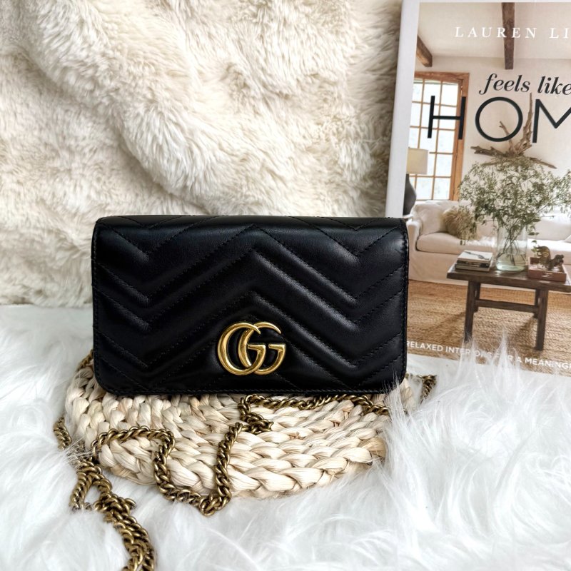GUCCI 馬蒙 Marmont 黑色 波浪紋 牛皮 mini 18 銜縫金扣-0