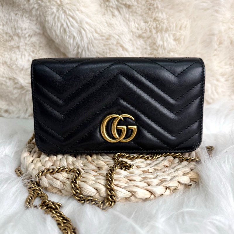 GUCCI 馬蒙 Marmont 黑色 波浪紋 牛皮 mini 18 銜縫金扣-1