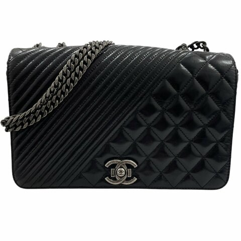 CHANEL 香奈兒 A92797 COCO BOY FLAP 雙拼鍊條包 皮革 黑色 銀釦