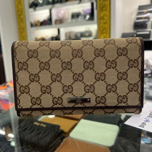 東區正精品㊣GUCCI 115100 咖啡色帆布釦子蝴蝶扣長夾皮夾 RA1867-0