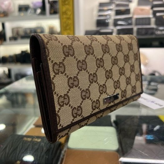 東區正精品㊣GUCCI 115100 咖啡色帆布釦子蝴蝶扣長夾皮夾 RA1867-1