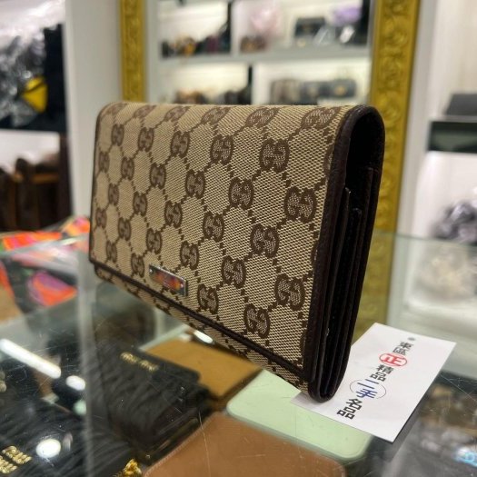 東區正精品㊣GUCCI 115100 咖啡色帆布釦子蝴蝶扣長夾皮夾 RA1867-2