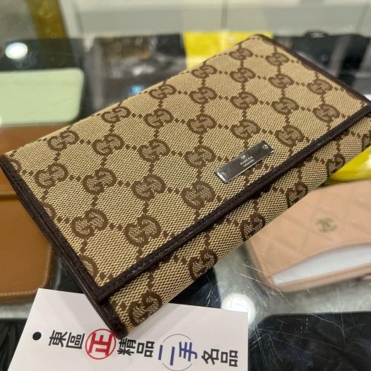 東區正精品㊣GUCCI 115100 咖啡色帆布釦子蝴蝶扣長夾皮夾 RA1867-6