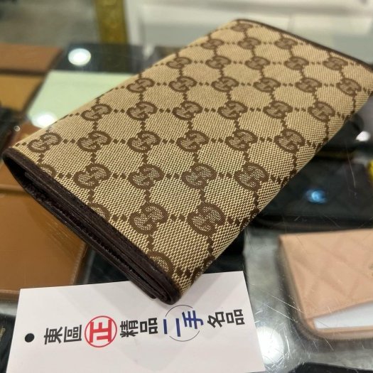 東區正精品㊣GUCCI 115100 咖啡色帆布釦子蝴蝶扣長夾皮夾 RA1867-7