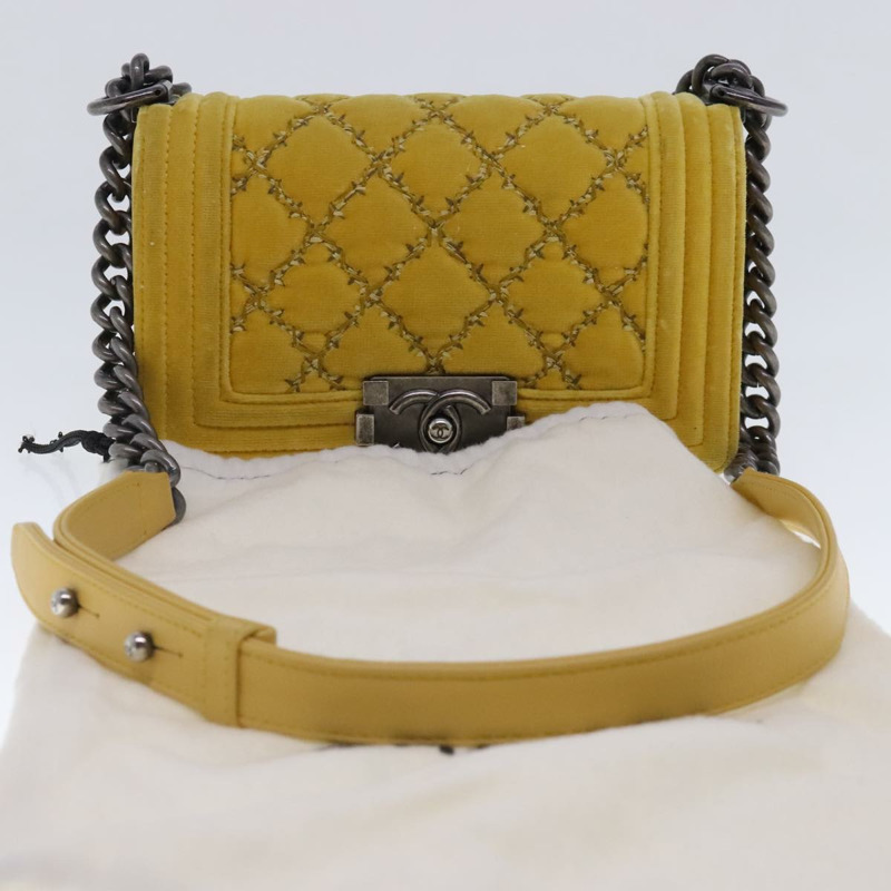 【日本直送】香奈兒 Matelasse 20 鏈條 Boy Chanel 肩背包 天鵝絨 黃色 CC 正品 94468V-11