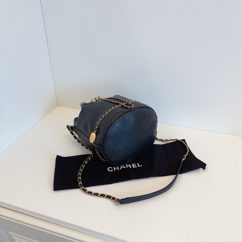 💎Chanel香奈兒｜希臘系列黑色金扣軟牛皮｜金幣皮穿鏈束口水桶包｜98新-5