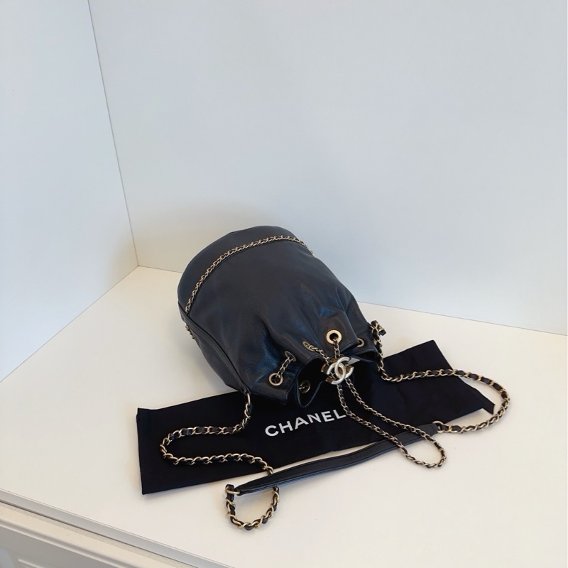 💎Chanel香奈兒｜希臘系列黑色金扣軟牛皮｜金幣皮穿鏈束口水桶包｜98新-7