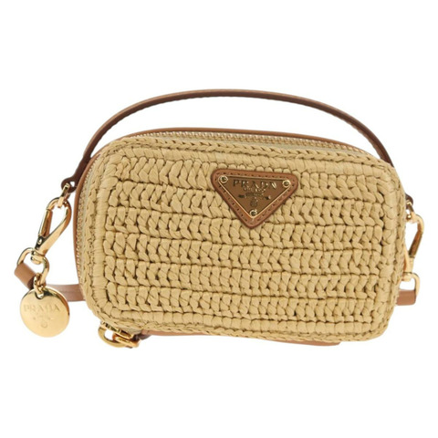 PRADA 拉菲草皮革雙肩包 米棕色 正品 TR154