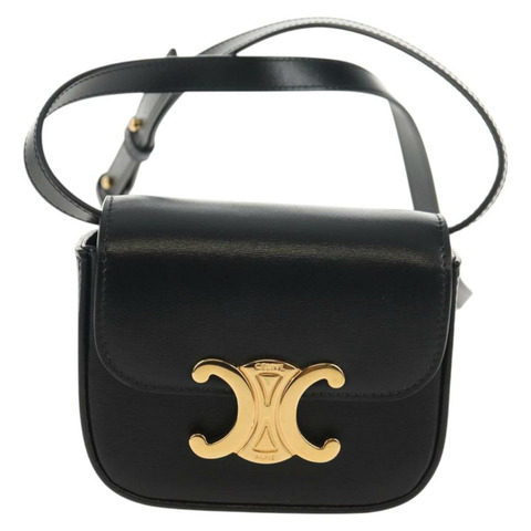 CELINE 迷你 Triomphe 單肩包 黑色金色皮革 Auth TR156