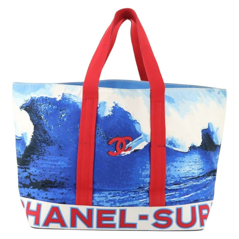 【日本直送】香奈兒 Surfline 帆布手提包,藍白紅 CC Auth mr2068V-1
