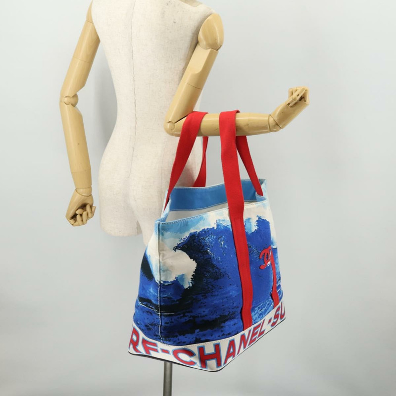 【日本直送】香奈兒 Surfline 帆布手提包,藍白紅 CC Auth mr2068V-19