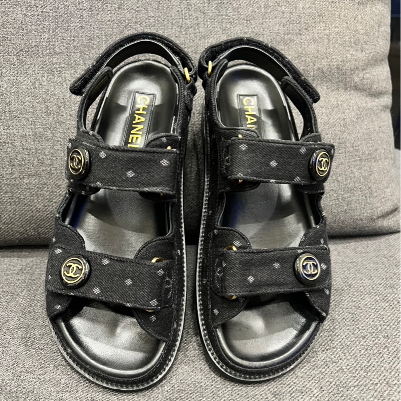 Chanel 黑色牛仔雙C涼鞋-0