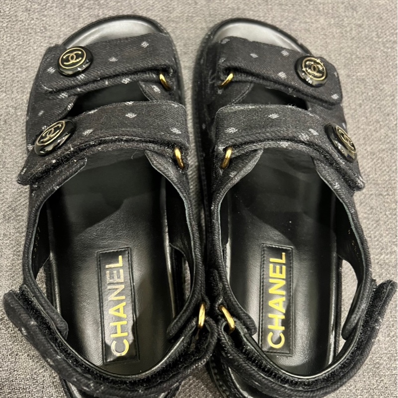 Chanel 黑色牛仔雙C涼鞋-4