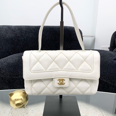 CHANEL/香奈兒 白色牛皮外縫線金扣手提款 CF口蓋包