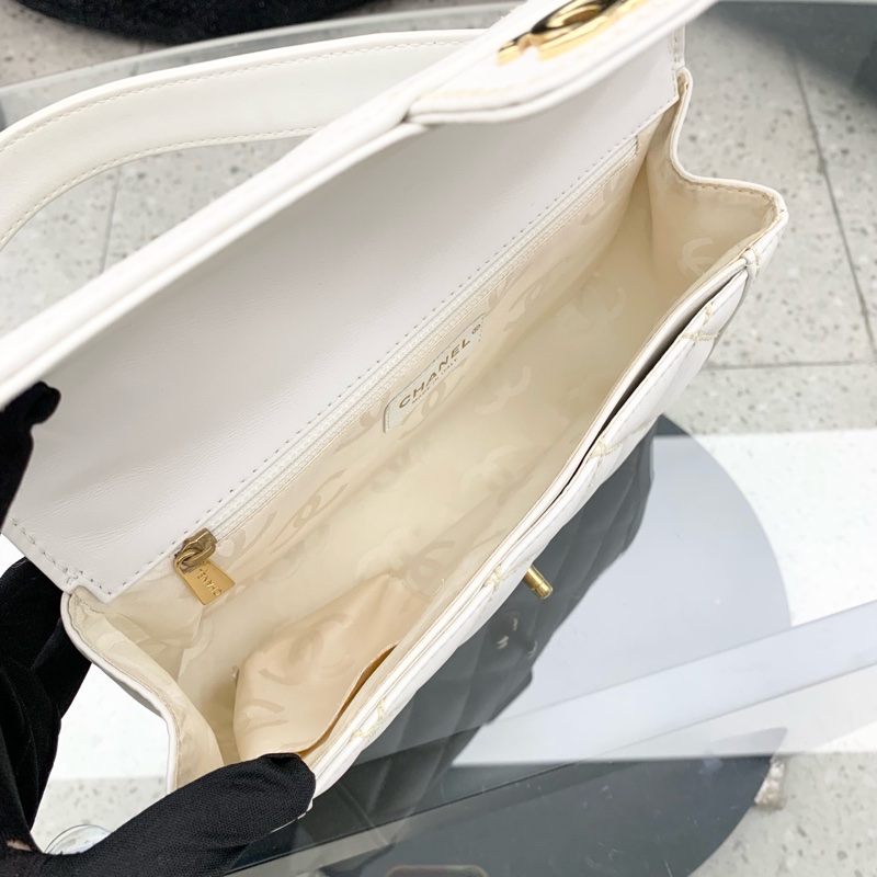 CHANEL/香奈兒 白色牛皮外縫線金扣手提款 CF口蓋包-7