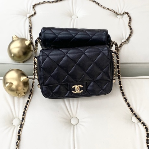 Chanel香奈兒 23B方胖子黑色羊皮滾邊皮穿鏈 金色菠蘿扣單肩斜挎包