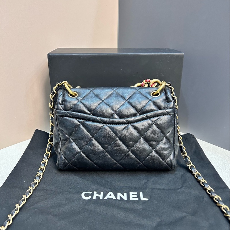 Chanel香奈兒!19B黑金羊皮粗鏈小號豆腐包鏈條包,尺寸約20×16×5cm,28開無卡,可手提-1