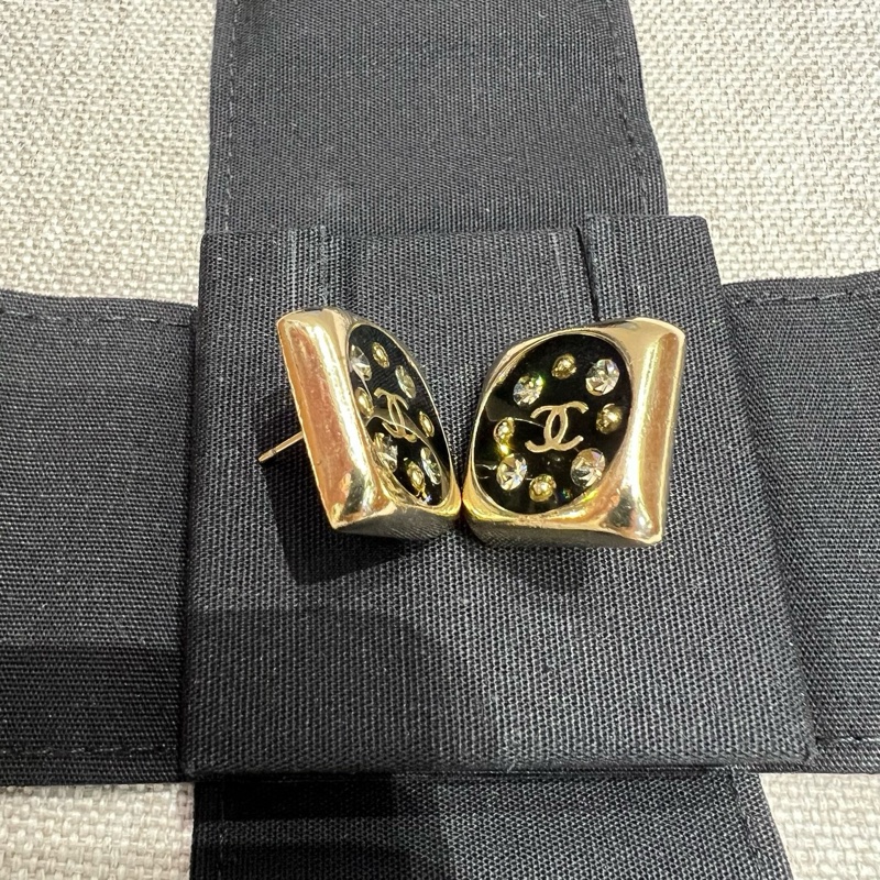 Chanel香奈兒耳環 chanel耳釘黑金水鑽方塊耳釘-0