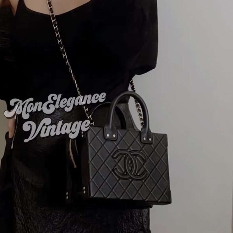絕美閉眼入🈶購證😍Chanel香奈兒黑金菱格紋vanity case芯片款手提單肩斜挎包-6