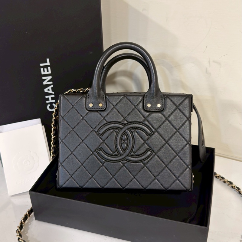 絕美閉眼入🈶購證😍Chanel香奈兒黑金菱格紋vanity case芯片款手提單肩斜挎包-7