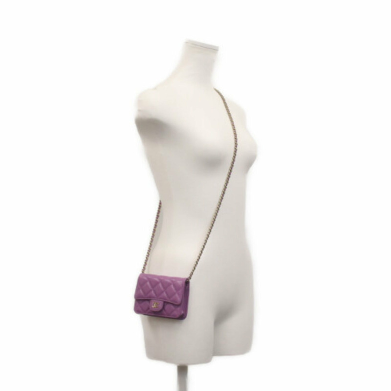 香奈兒迷你絎縫魚子醬皮革鏈條單肩包,紫色,金色五金,女士-12