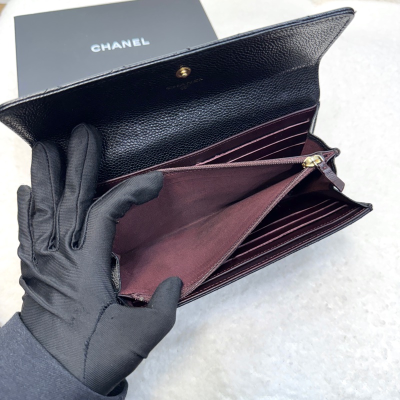 香奈兒CHANEL黑色牛皮金釦Classic口蓋信封式長夾A50096 經典黑金荔枝紋發財包-7