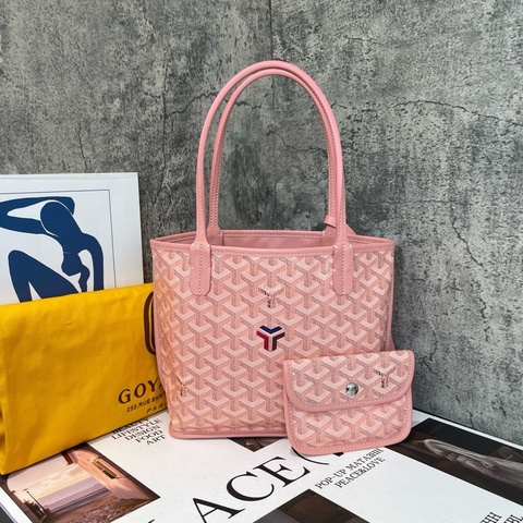 🌸98新 GOYARD 戈雅 mini 櫻花粉 雙面雙色Y字老花滿印 帆布拼小牛皮 子母包 手提包單肩包托特包
