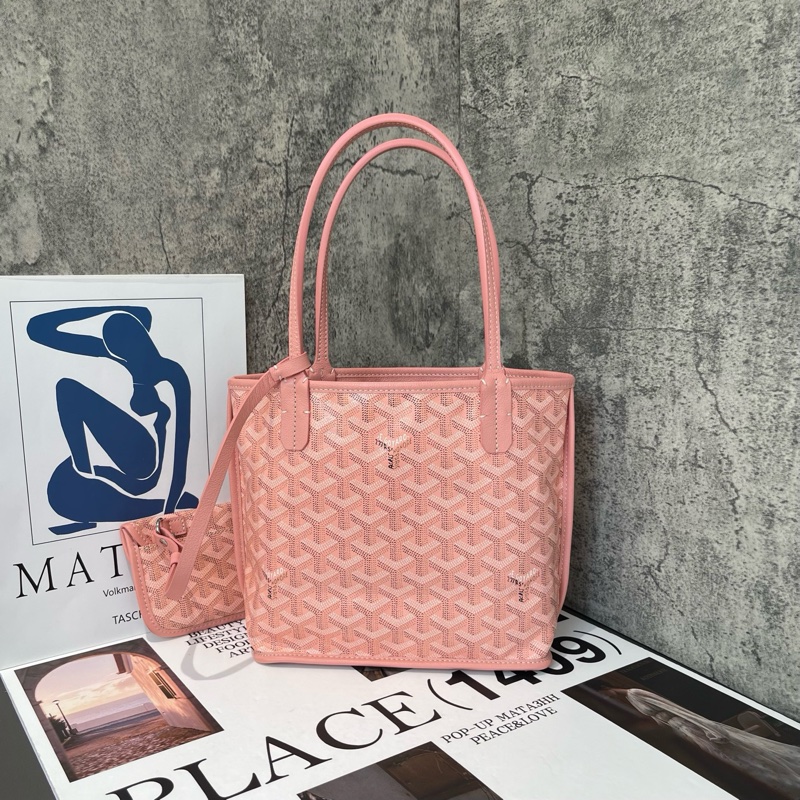 🌸98新 GOYARD 戈雅 mini 櫻花粉 雙面雙色Y字老花滿印 帆布拼小牛皮 子母包 手提包單肩包托特包-1