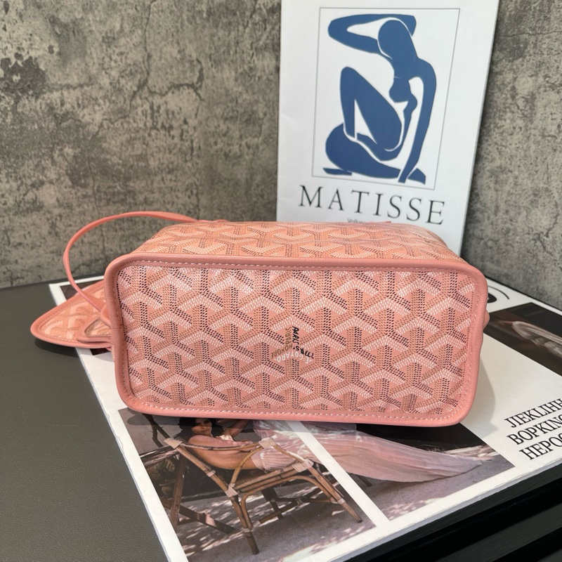 🌸98新 GOYARD 戈雅 mini 櫻花粉 雙面雙色Y字老花滿印 帆布拼小牛皮 子母包 手提包單肩包托特包-3