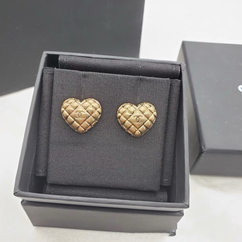 Chanel香奈兒耳環21P金色菱格紋磨砂愛心雙C耳環 耳墜 耳釘-2