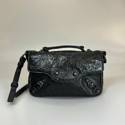全新品 BALENCIAGA  黑復古皮革機車包造型翻蓋側背包