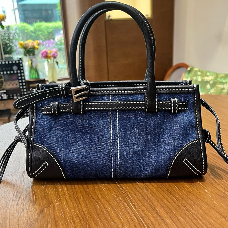 99新 Prada 普拉達 芯片款 mini Bonnie 限定牛仔拼黑色皮革手提包斜挎包 銀扣 可拆卸肩帶-2