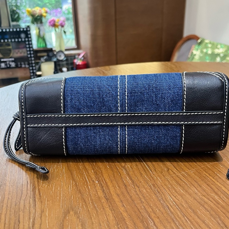99新 Prada 普拉達 芯片款 mini Bonnie 限定牛仔拼黑色皮革手提包斜挎包 銀扣 可拆卸肩帶-3
