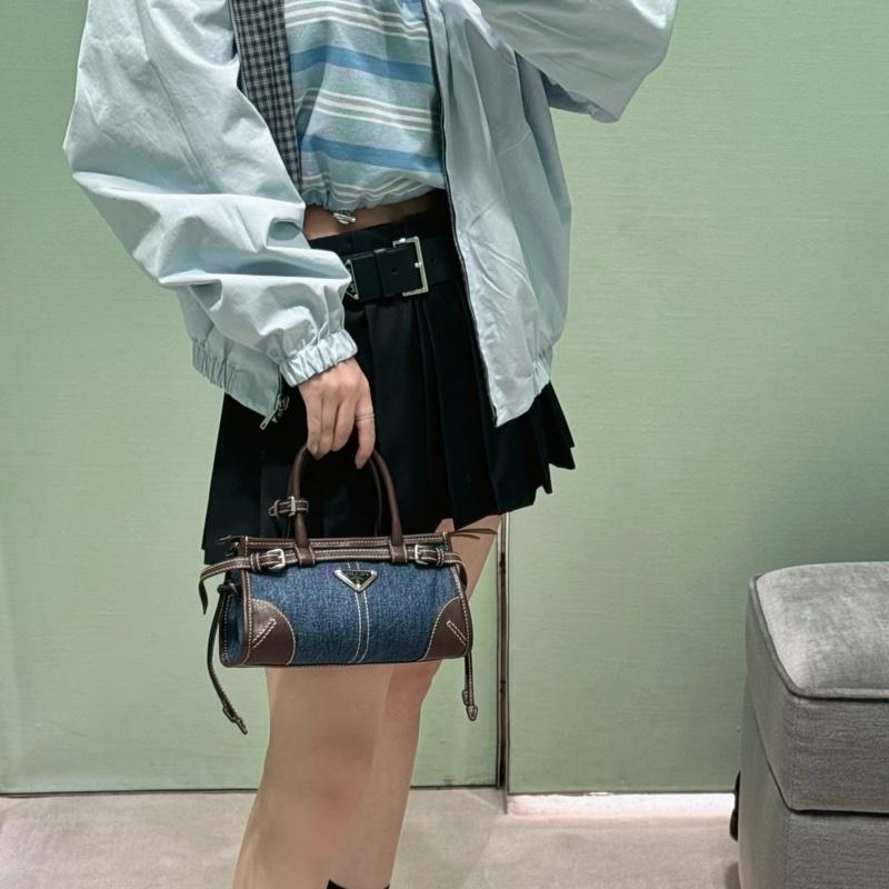 99新 Prada 普拉達 芯片款 mini Bonnie 限定牛仔拼黑色皮革手提包斜挎包 銀扣 可拆卸肩帶-8