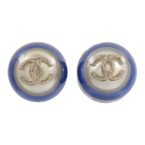 CHANEL 金屬/樹脂CC Blue Round Button Stud Earrings耳環