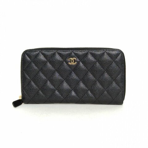 CHANEL CF長款拉鏈錢包黑色荔枝牛皮21開金扣