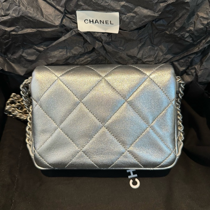 ✨99新 香奈兒/Chanel  22P 銀色瀑布腋下鏈條包單肩包 配件：塵袋-2