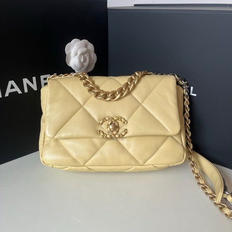 💛98新 Chanel/香奈兒 22P 19bag淡黃色 金扣鏈條包單肩包 芯片款 22年