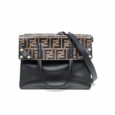 FENDI 黑色牛皮Flip老花logo折疊手提包肩背包