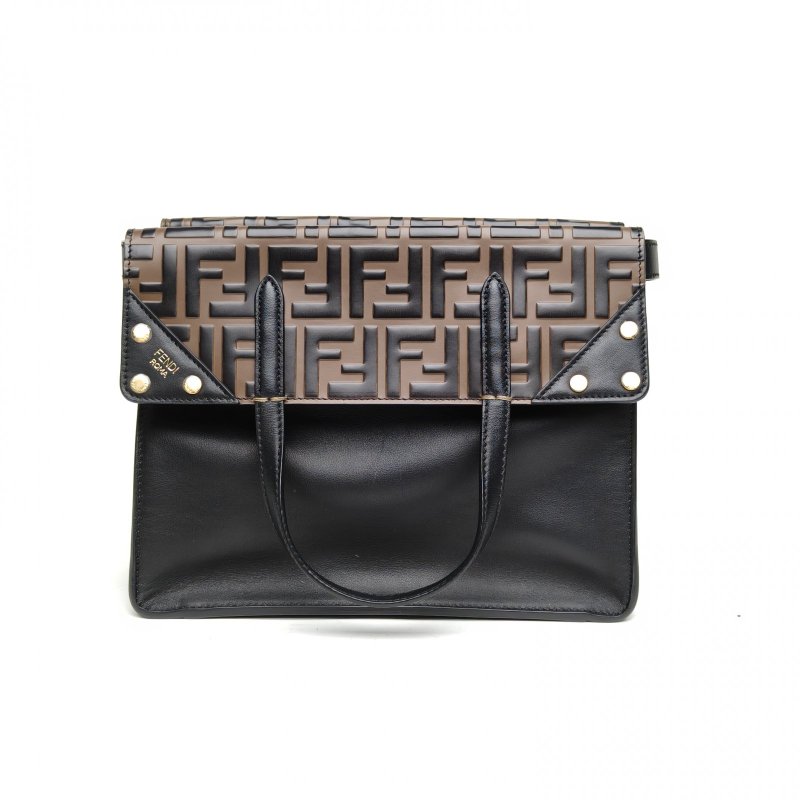 FENDI 黑色牛皮Flip老花logo折疊手提包肩背包-2
