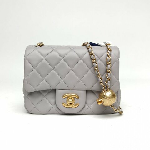 CHANEL CF口蓋包方胖子灰色羊皮晶片金扣肩背包
