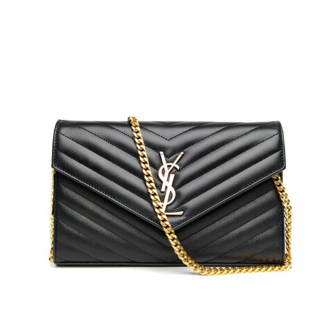 SAINT LAURENT CASSANDRA信封鏈條包V紋黑色荔枝牛皮金扣肩背包