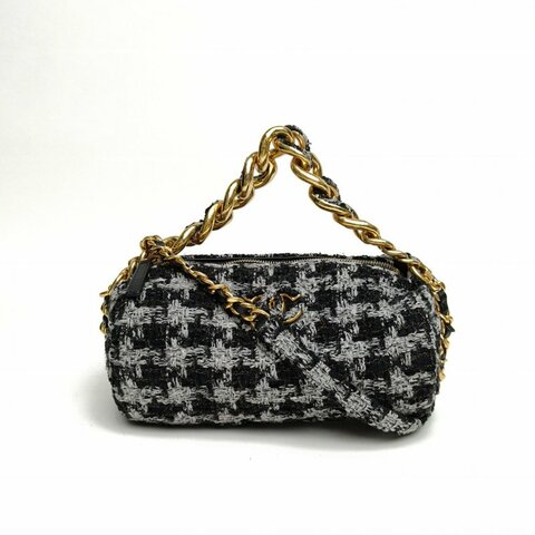 CHANEL 拼色毛呢晶片開金扣22K千鳥格圓筒包肩背包