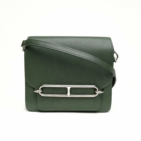 HERMES Roulis豬鼻子19英國綠EC皮X刻銀扣肩背包